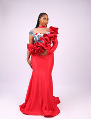 Red Long dress with Ankara and ruffles
